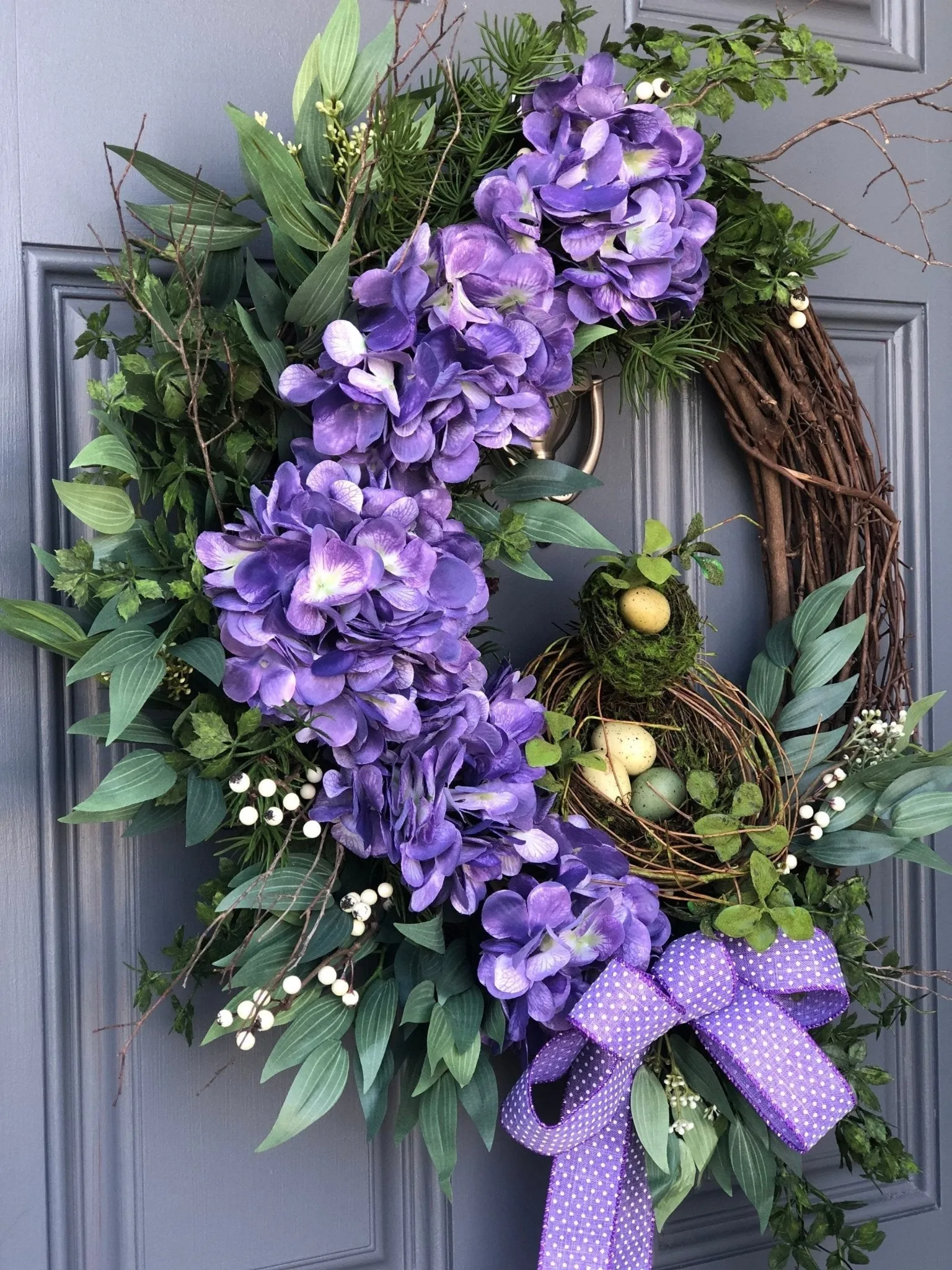 Majestic Purple Hydrangea Wreath with Bird's Nest