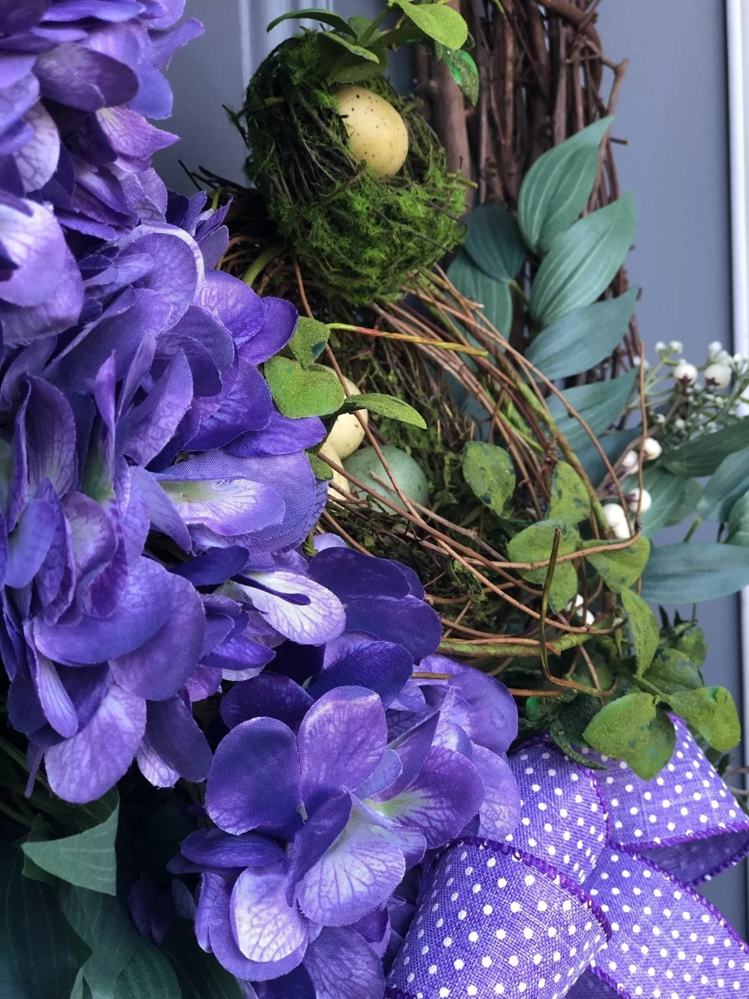 Majestic Purple Hydrangea Wreath with Bird's Nest