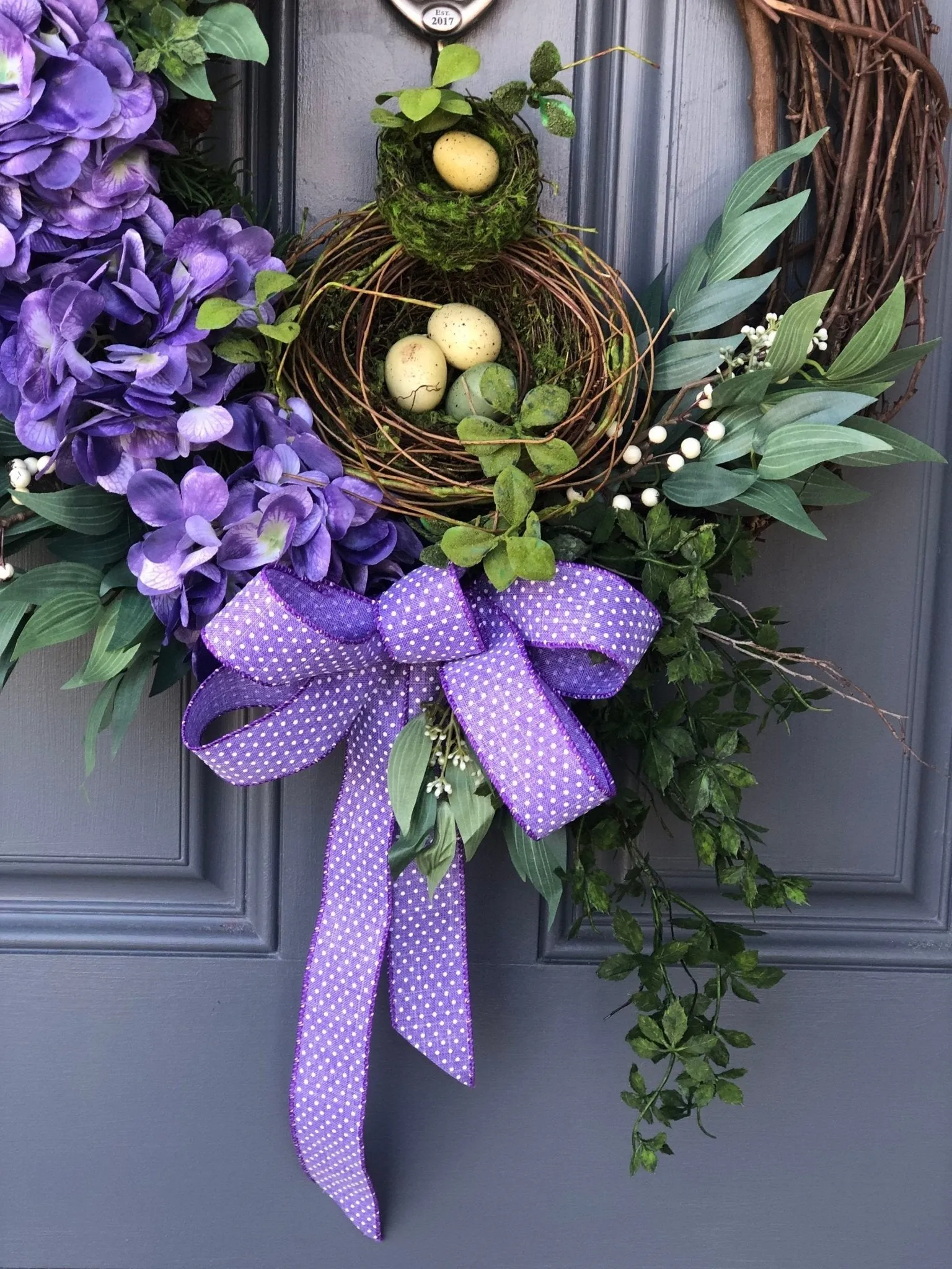 Majestic Purple Hydrangea Wreath with Bird's Nest