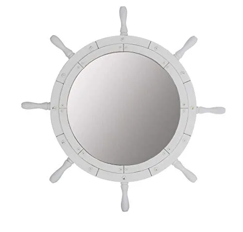 Nagina International Classic White Santorini Beautiful Nautical Sturdy Large Mirror Ship Wheel | Wall Mounted Mirrors (24 Inches)