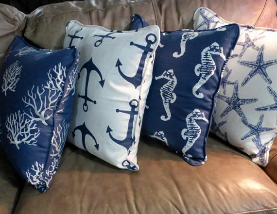 Nautical Pillow covers Set of 4 in Navy Blue and White , Premier Prints designer fabric, corded edge