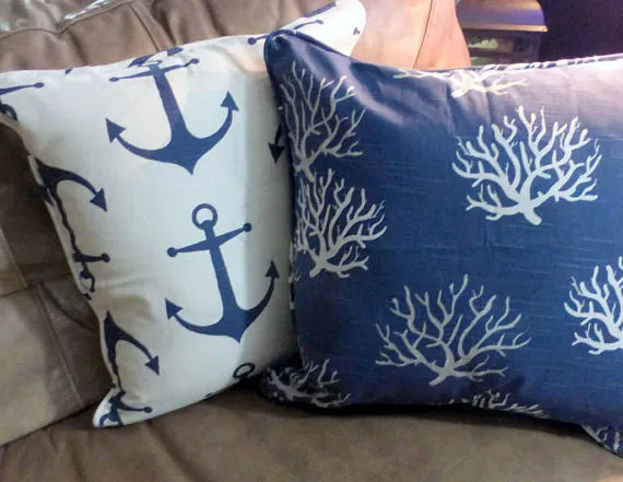 Nautical Pillow covers Set of 4 in Navy Blue and White , Premier Prints designer fabric, corded edge