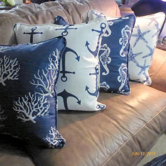 Nautical Pillow covers Set of 4 in Navy Blue and White , Premier Prints designer fabric, corded edge