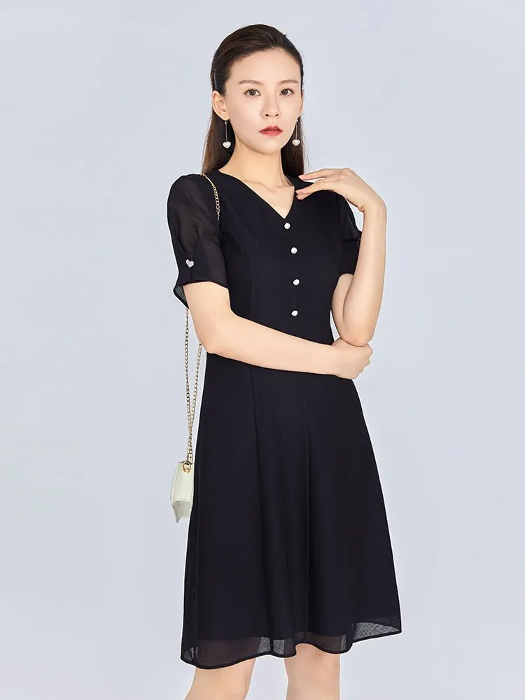 Navy Blue Puff Sleeve Waisted Midi Dress