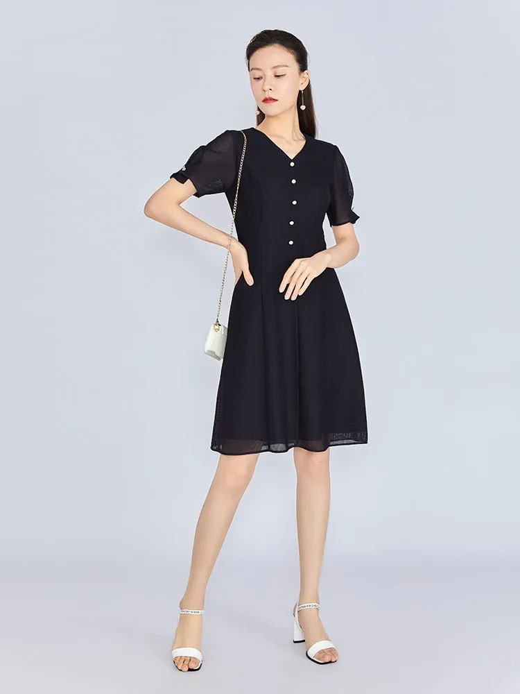 Navy Blue Puff Sleeve Waisted Midi Dress