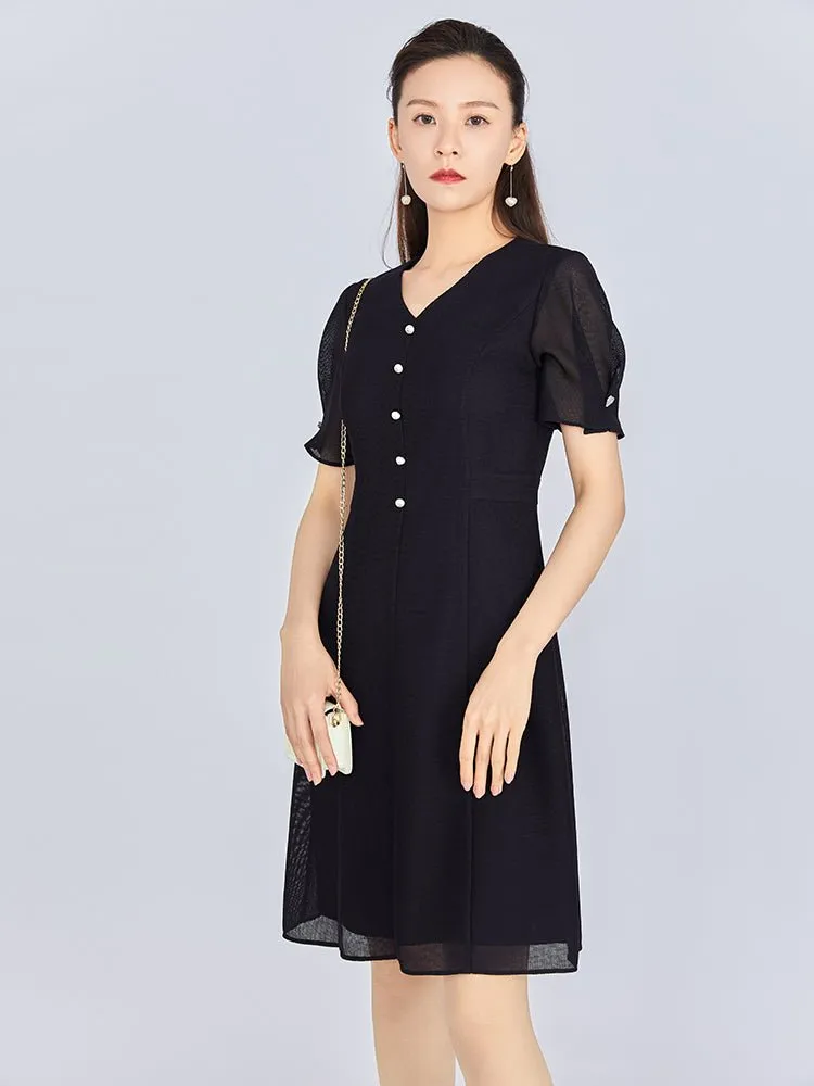 Navy Blue Puff Sleeve Waisted Midi Dress