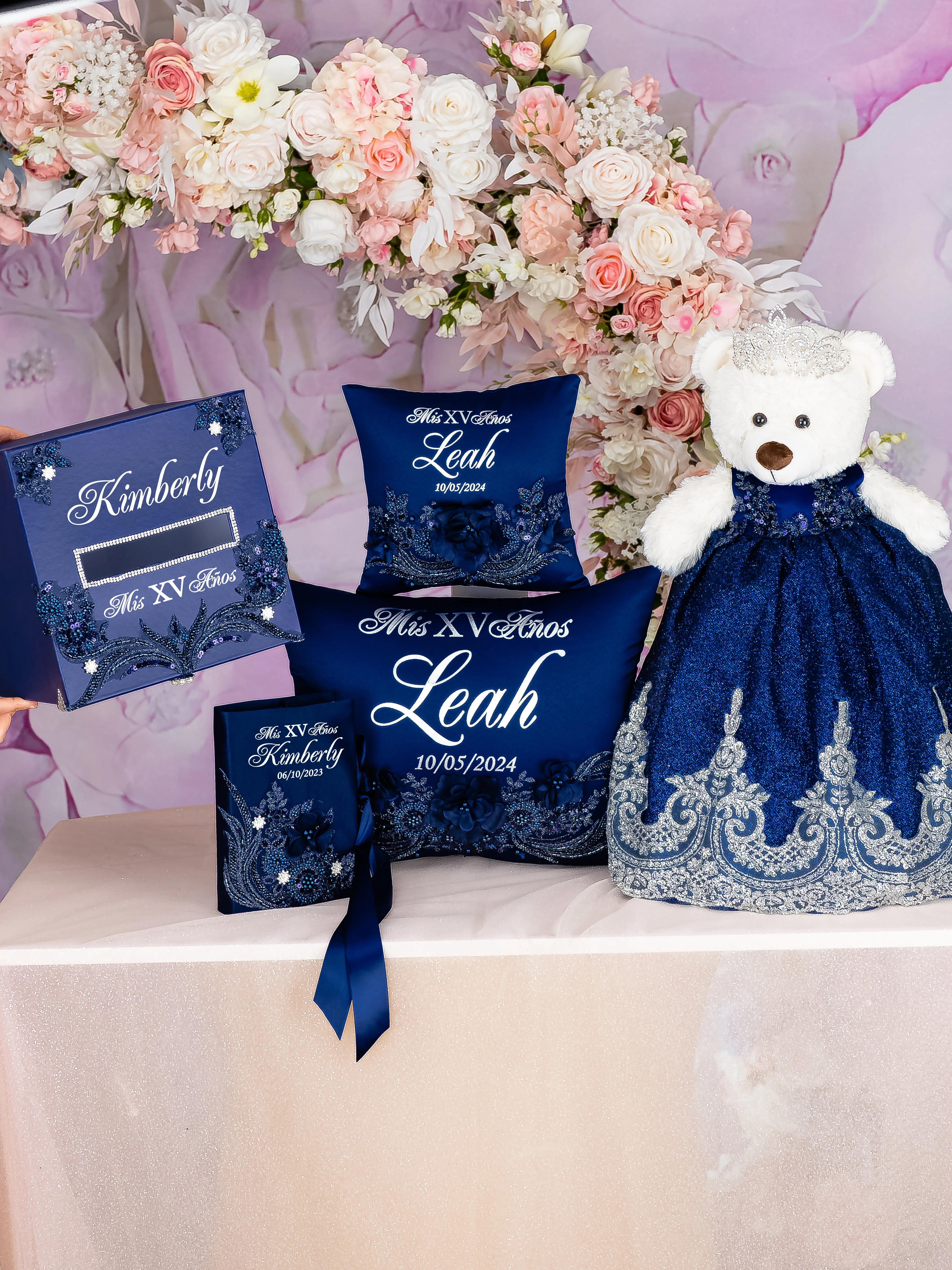 Navy Blue with silver Quinceanera package of Money Card Box, Bible, pillows set and Teddy Bear