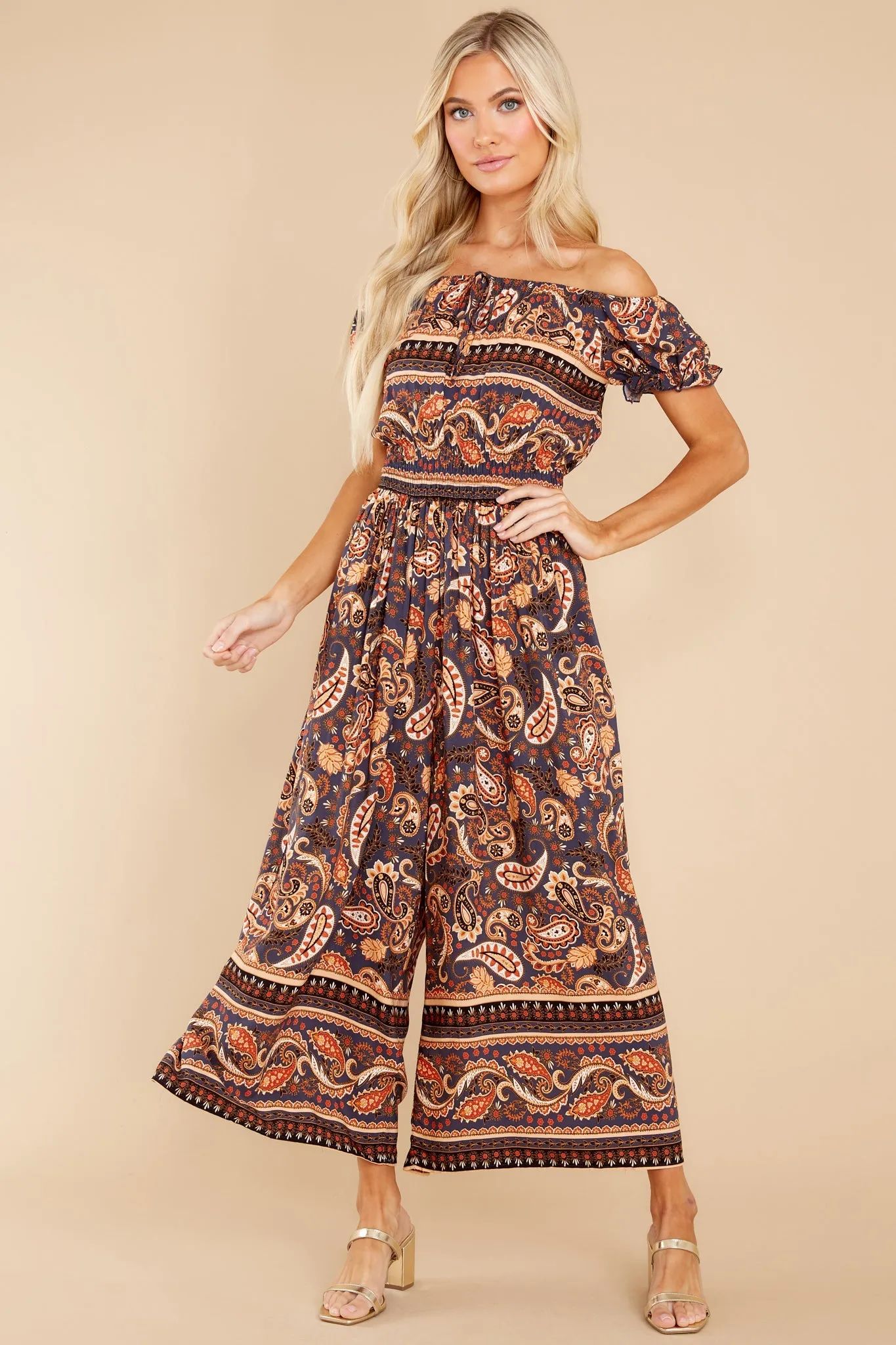 Nostalgic Vibes Indigo And Rust Print Jumpsuit