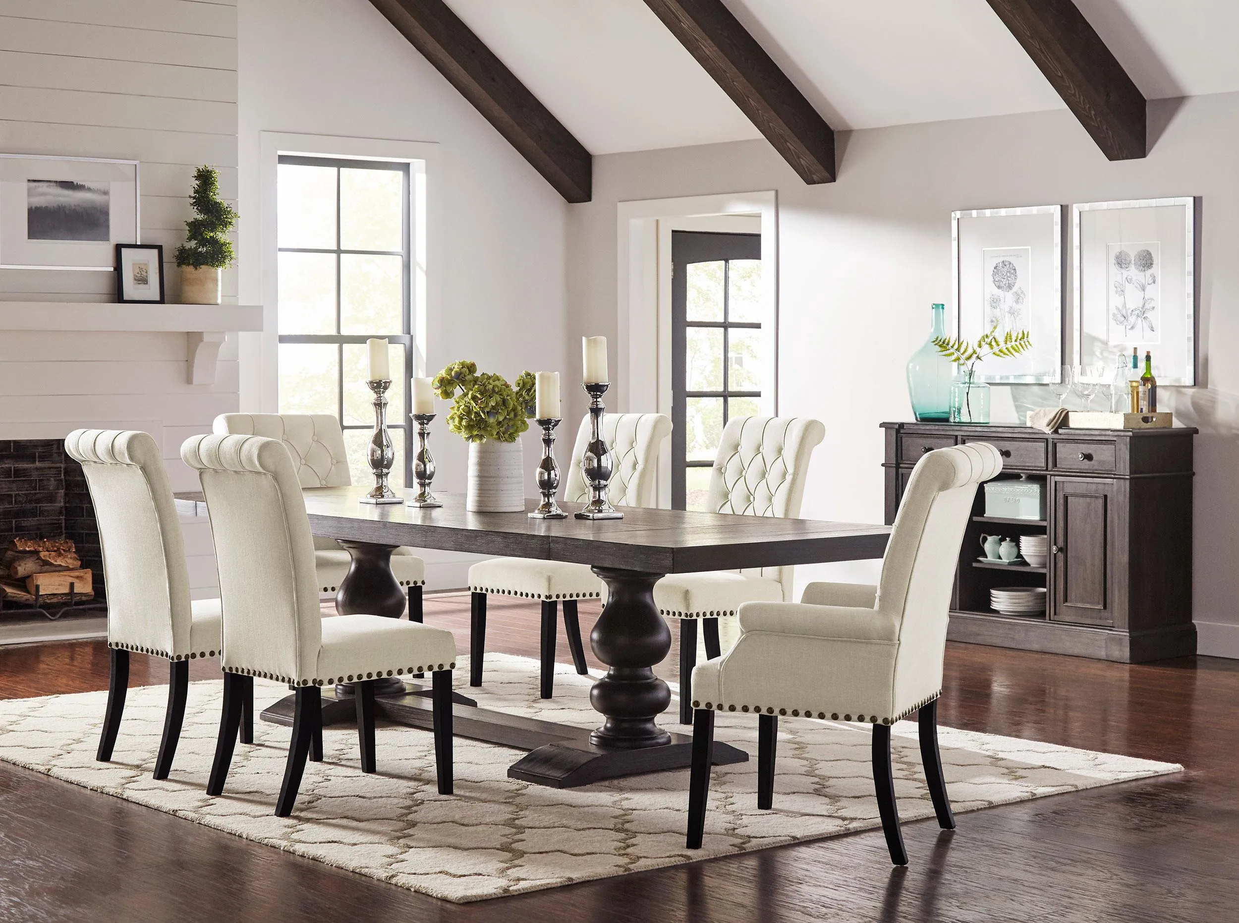 Phelps 5pc Trestle Dining Set Antique Noir Beige