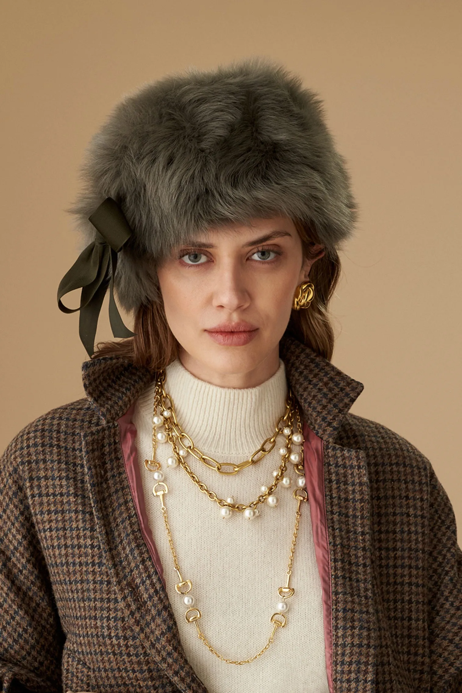 Portia Silver-Green Shearling Winter Hat