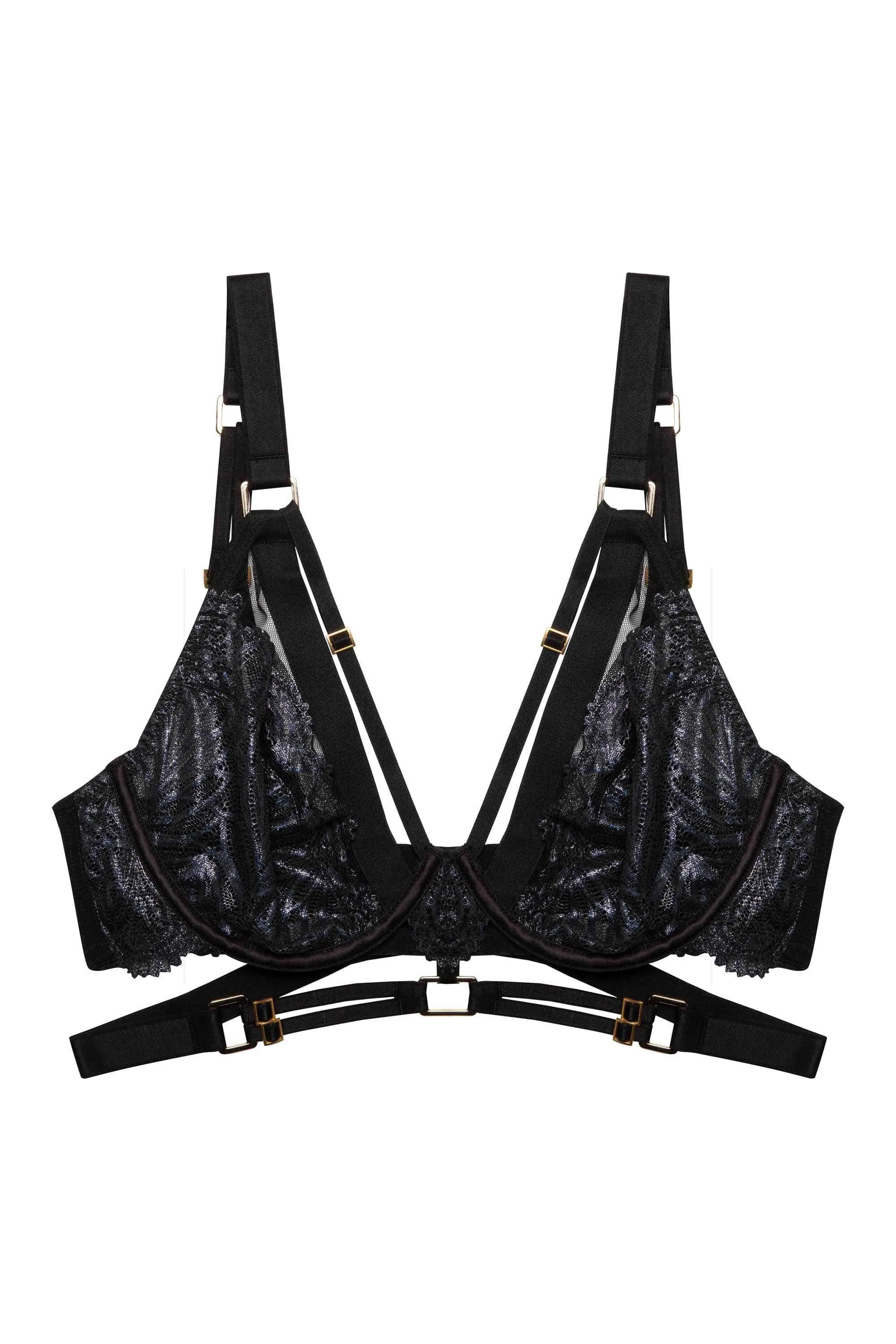 Tabitha Black Wet-Look Lace Plunge Bra