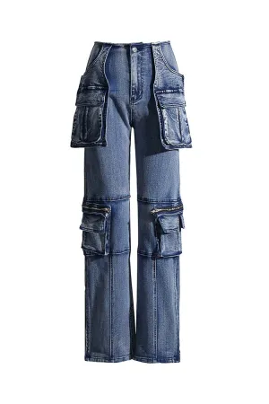 Unique Distressed Trim Cargo Pocket High Waist Full Length Straight Jeans