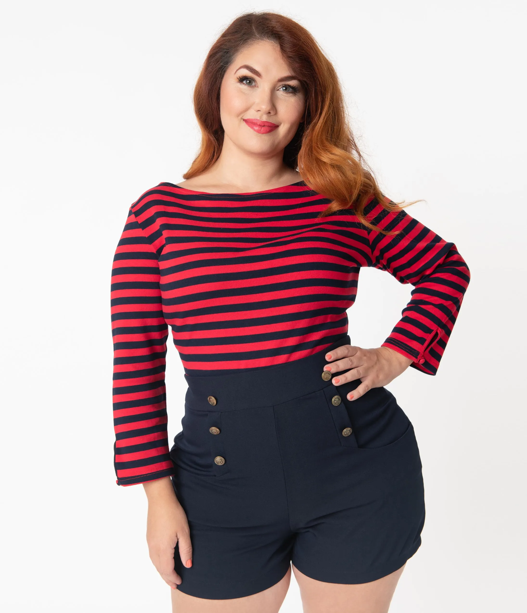 Unique Vintage Plus Size Red & Navy Stripe Knit Gracie Top