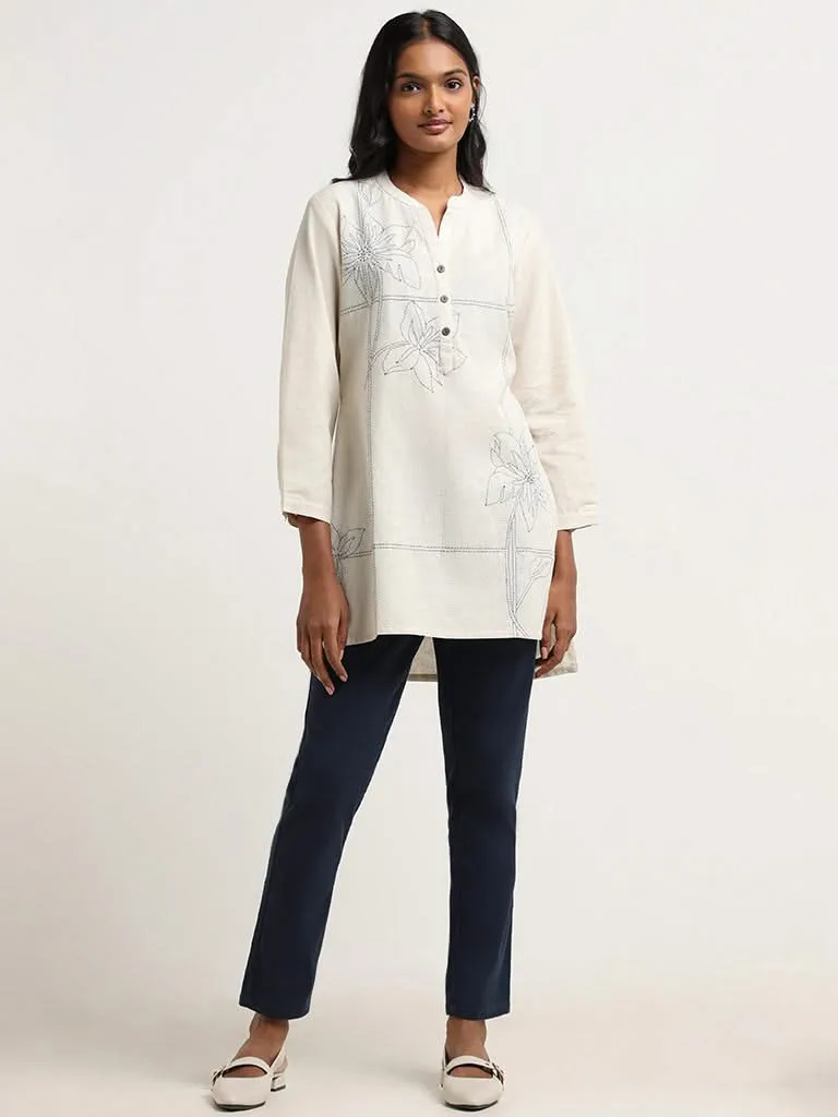 Utsa Off-White Floral Embroidered Cotton Kurti