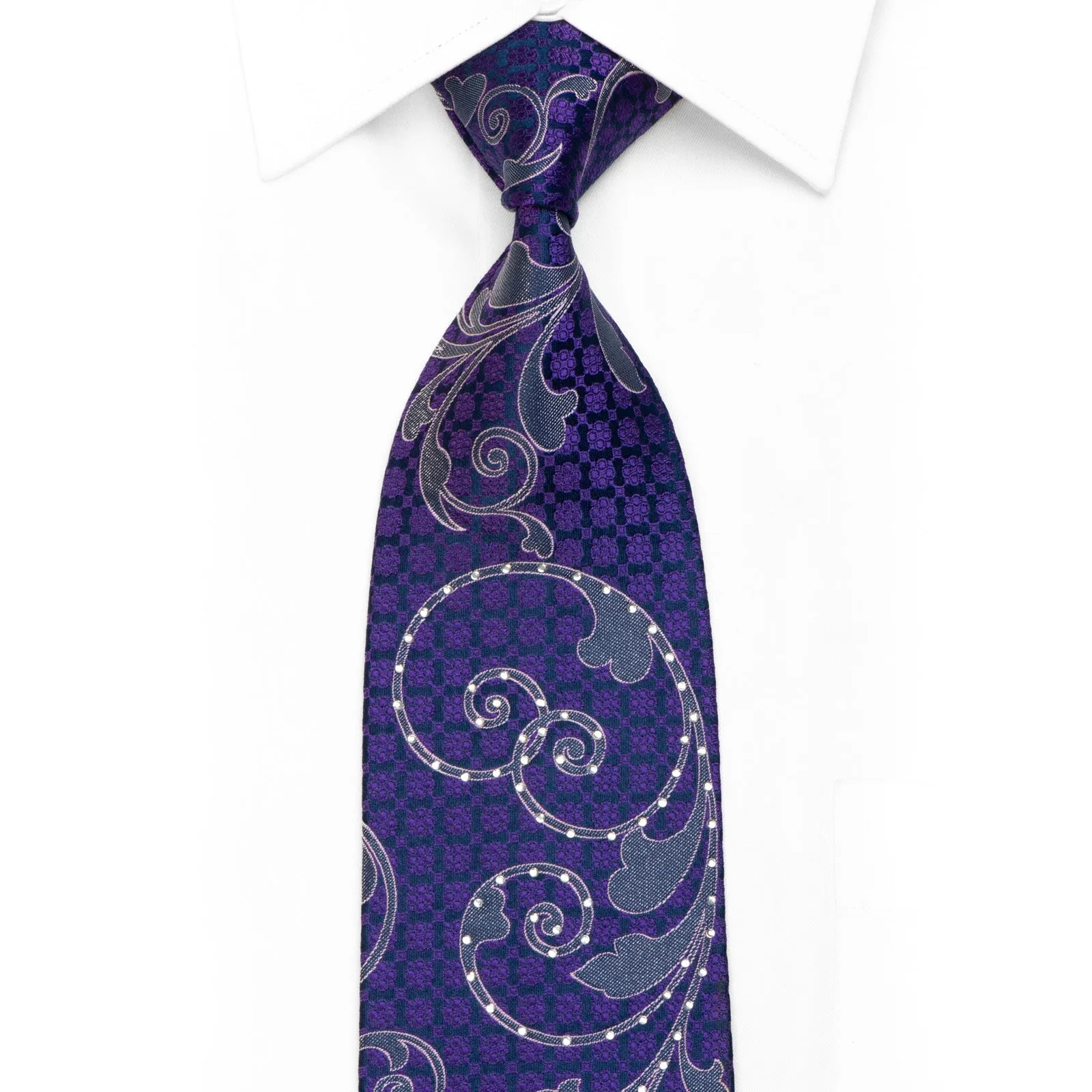 Valentino Rich Rhinestone Silk Necktie Purple Acanthus On Navy