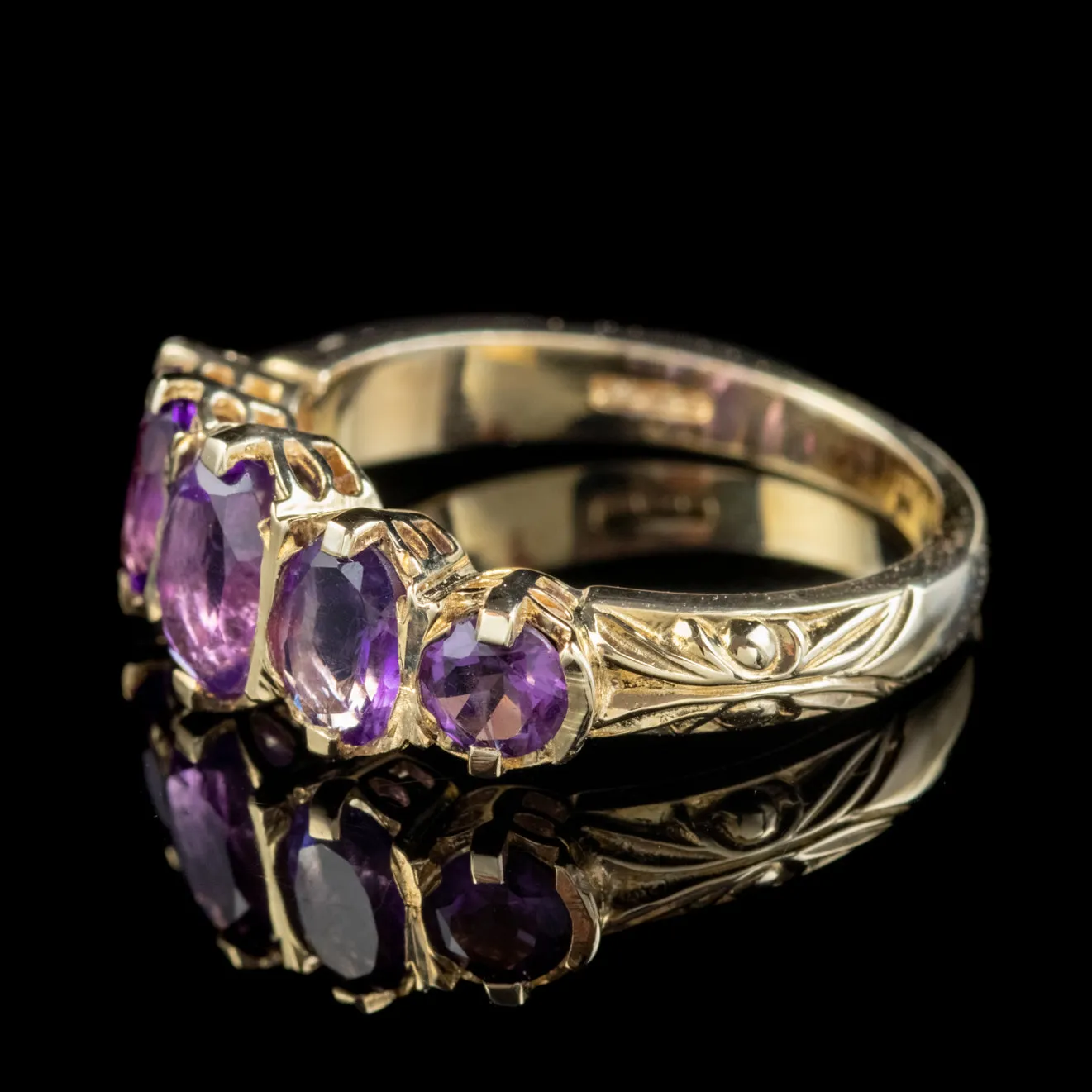 Victorian Style Amethyst Five Stone Ring 9Ct Gold 2.5Ct Of Amethyst