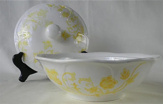 Vintage English White Ironstone Yellow Scrolls and Vines Covered - Lidded Casserole Tureen