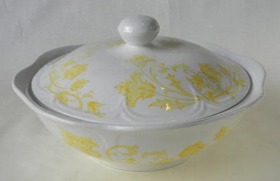 Vintage English White Ironstone Yellow Scrolls and Vines Covered - Lidded Casserole Tureen