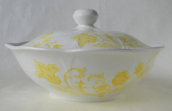 Vintage English White Ironstone Yellow Scrolls and Vines Covered - Lidded Casserole Tureen