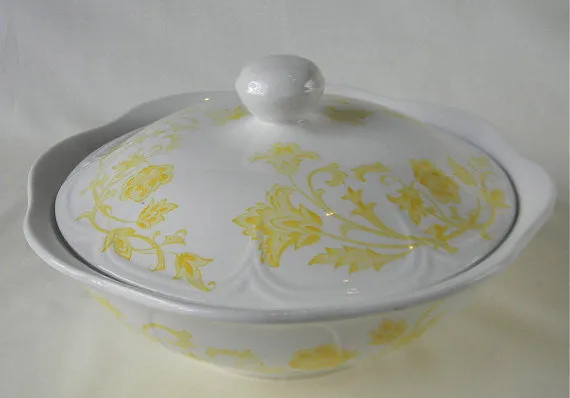 Vintage English White Ironstone Yellow Scrolls and Vines Covered - Lidded Casserole Tureen