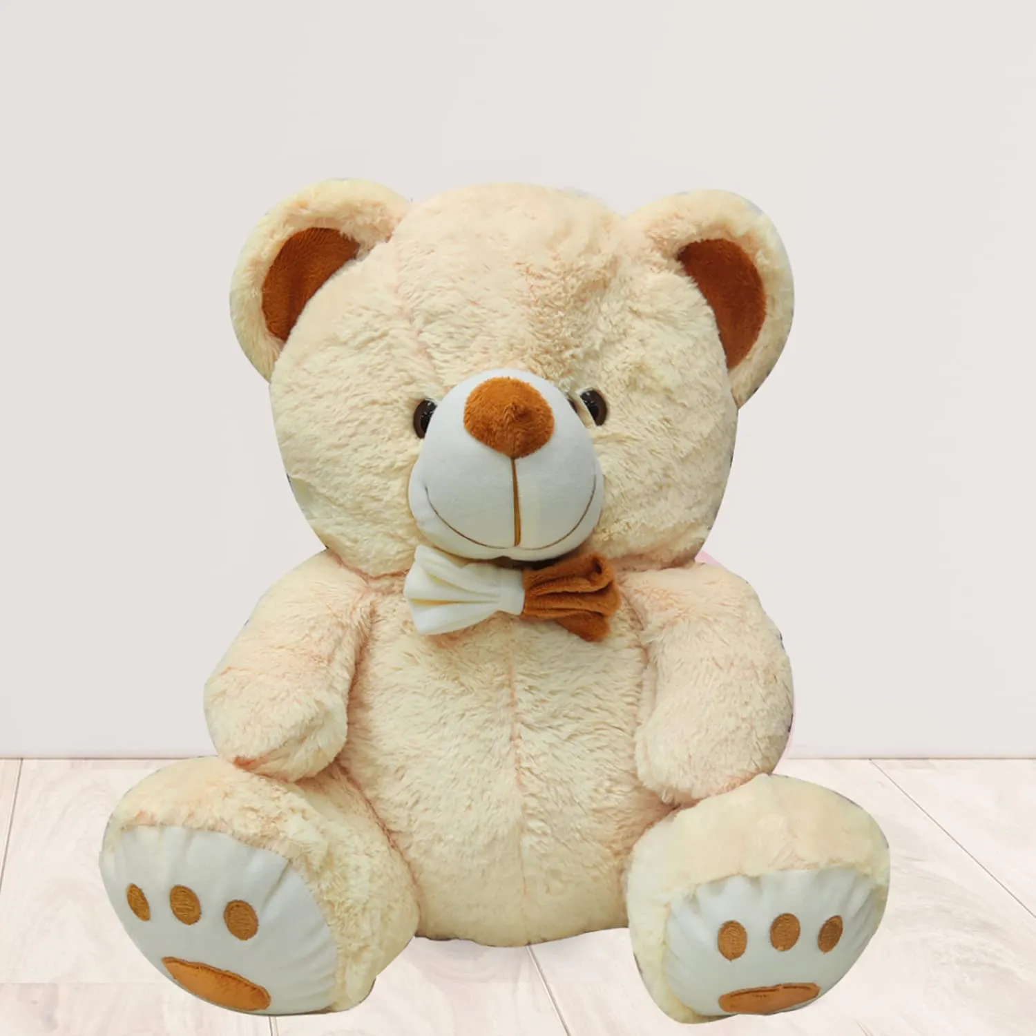 Webby Plush Cute Sitting Teddy Bear Soft Toys with Neck Bow and Foot Print, Beige 35 cm