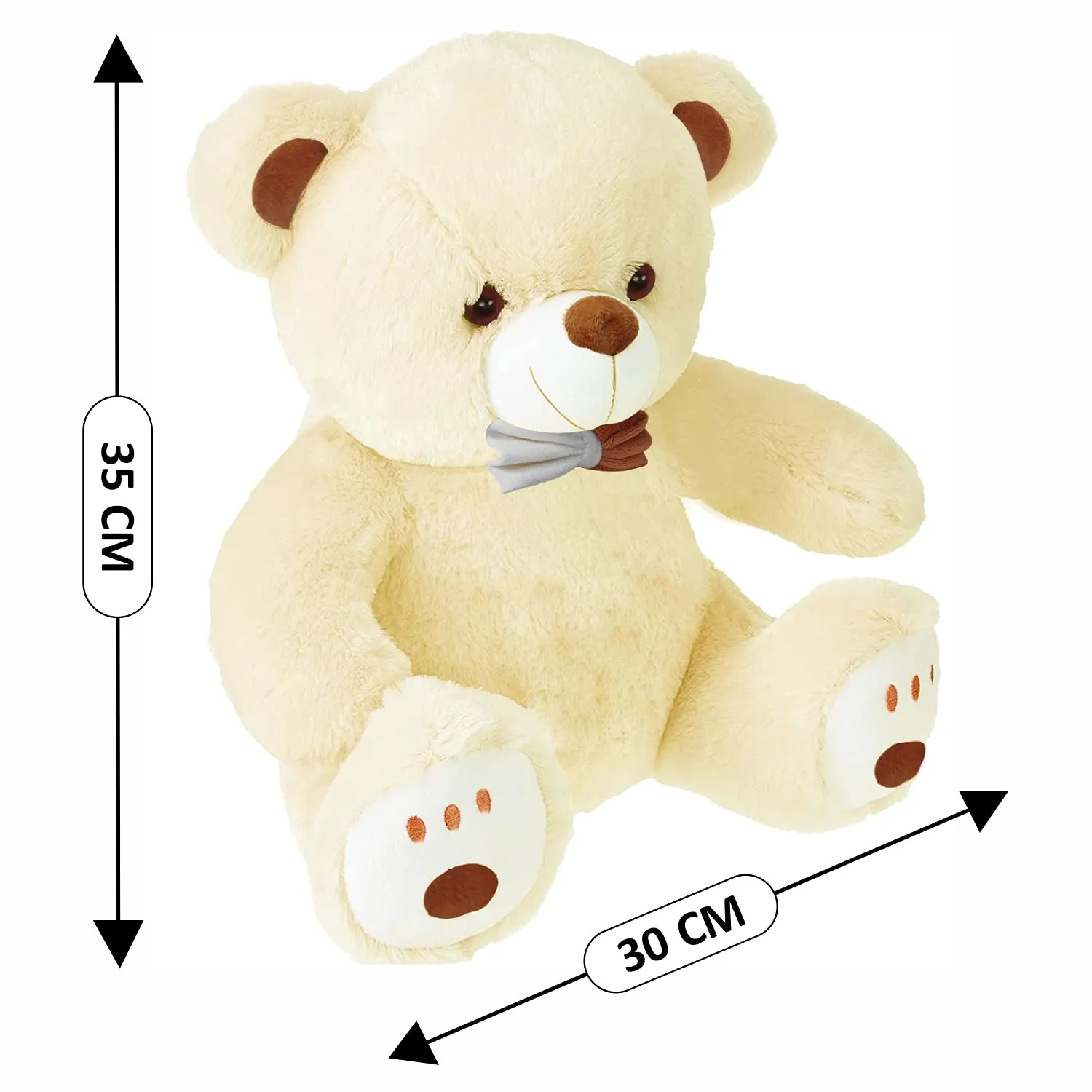 Webby Plush Cute Sitting Teddy Bear Soft Toys with Neck Bow and Foot Print, Beige 35 cm