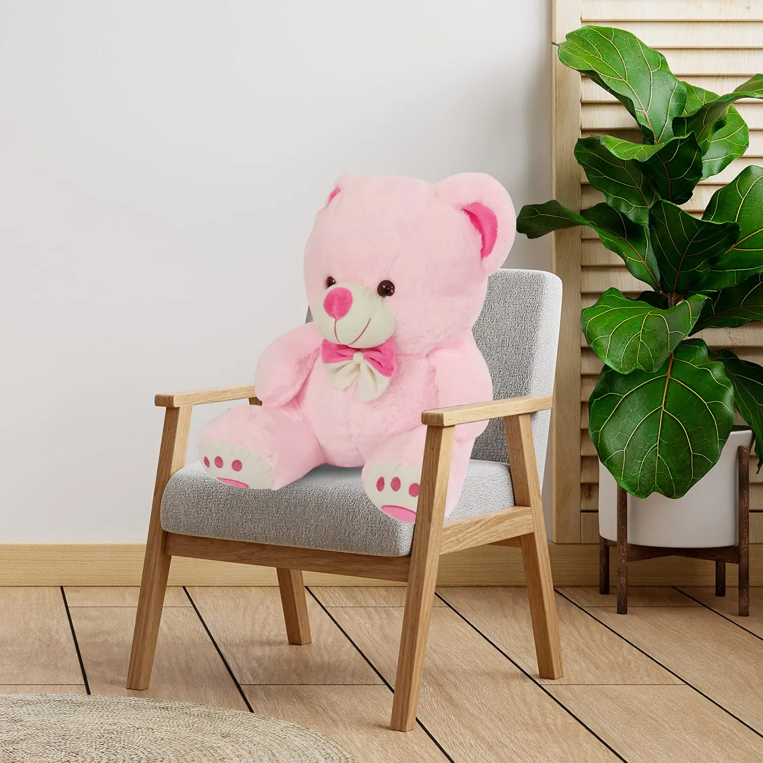 Webby Plush Cute Sitting Teddy Bear Soft Toys with Neck Bow and Foot Print, Pink 35 cm