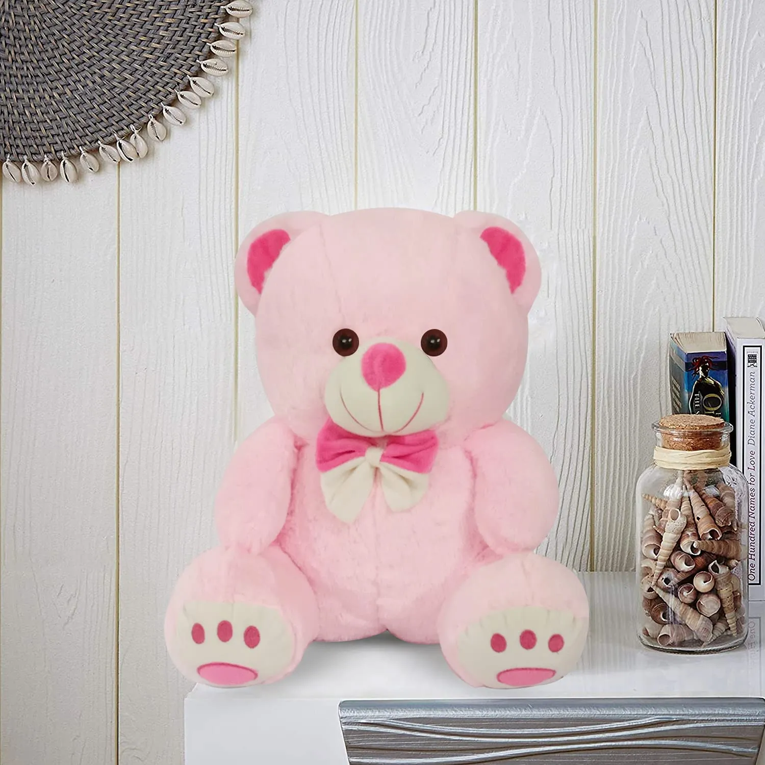 Webby Plush Cute Sitting Teddy Bear Soft Toys with Neck Bow and Foot Print, Pink 35 cm