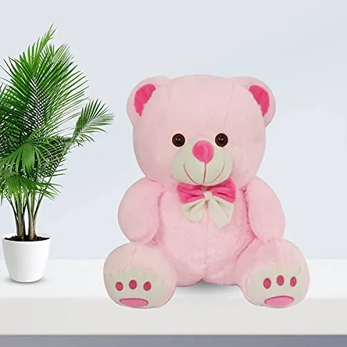 Webby Plush Cute Sitting Teddy Bear Soft Toys with Neck Bow and Foot Print, Pink 35 cm