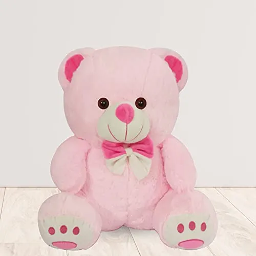 Webby Plush Cute Sitting Teddy Bear Soft Toys with Neck Bow and Foot Print, Pink 35 cm