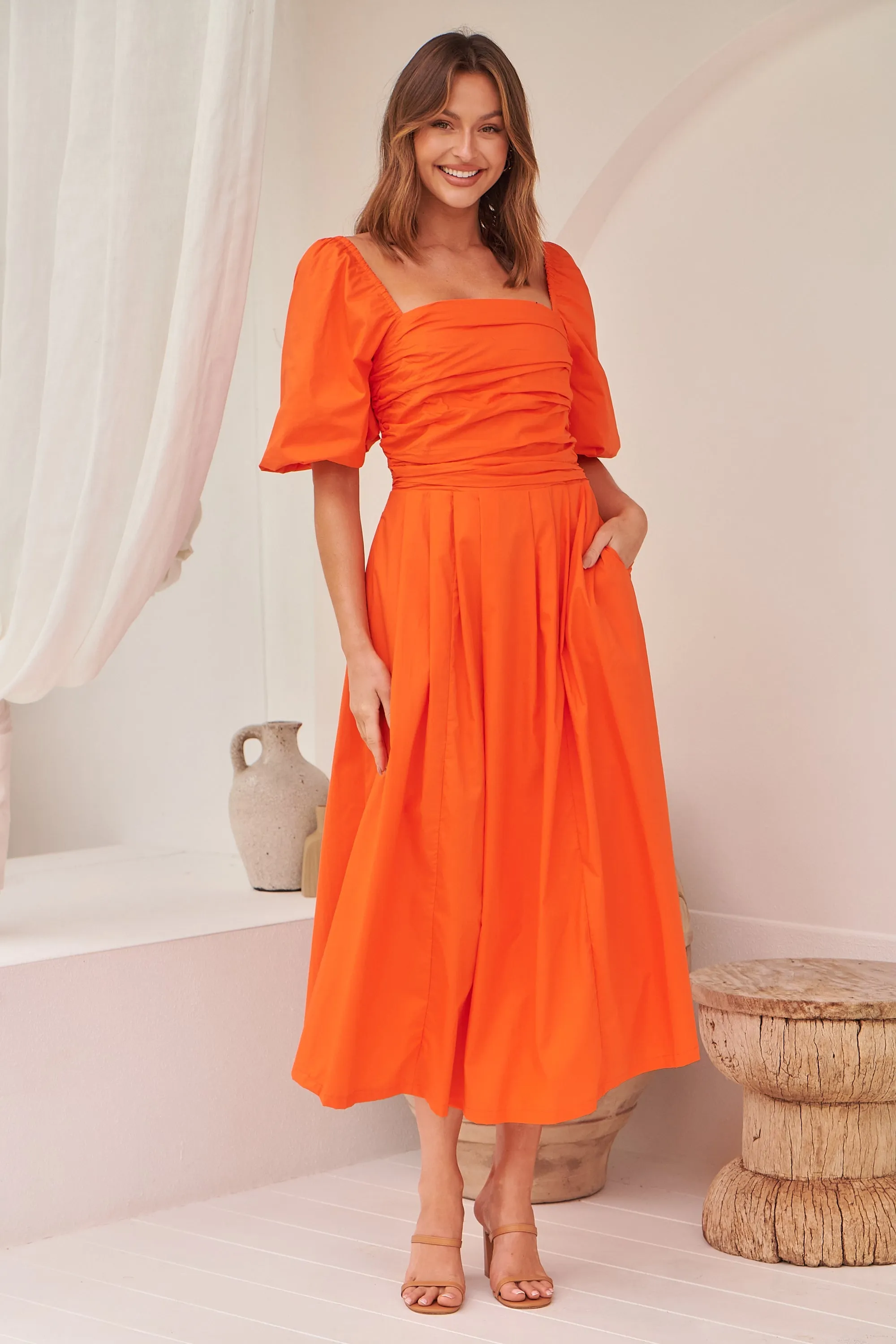 Whitney Orange Puff Sleeve Maxi Dress