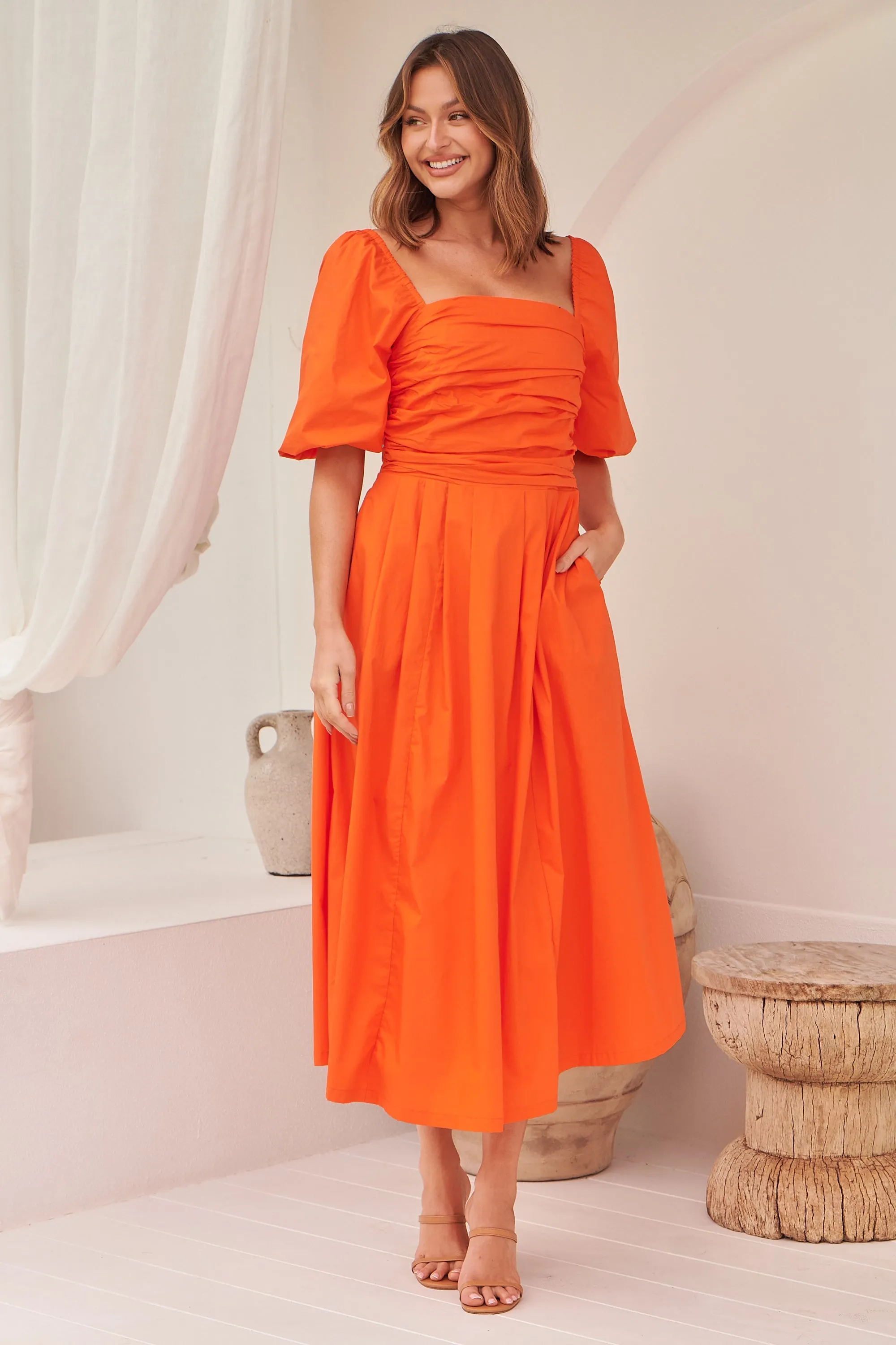 Whitney Orange Puff Sleeve Maxi Dress