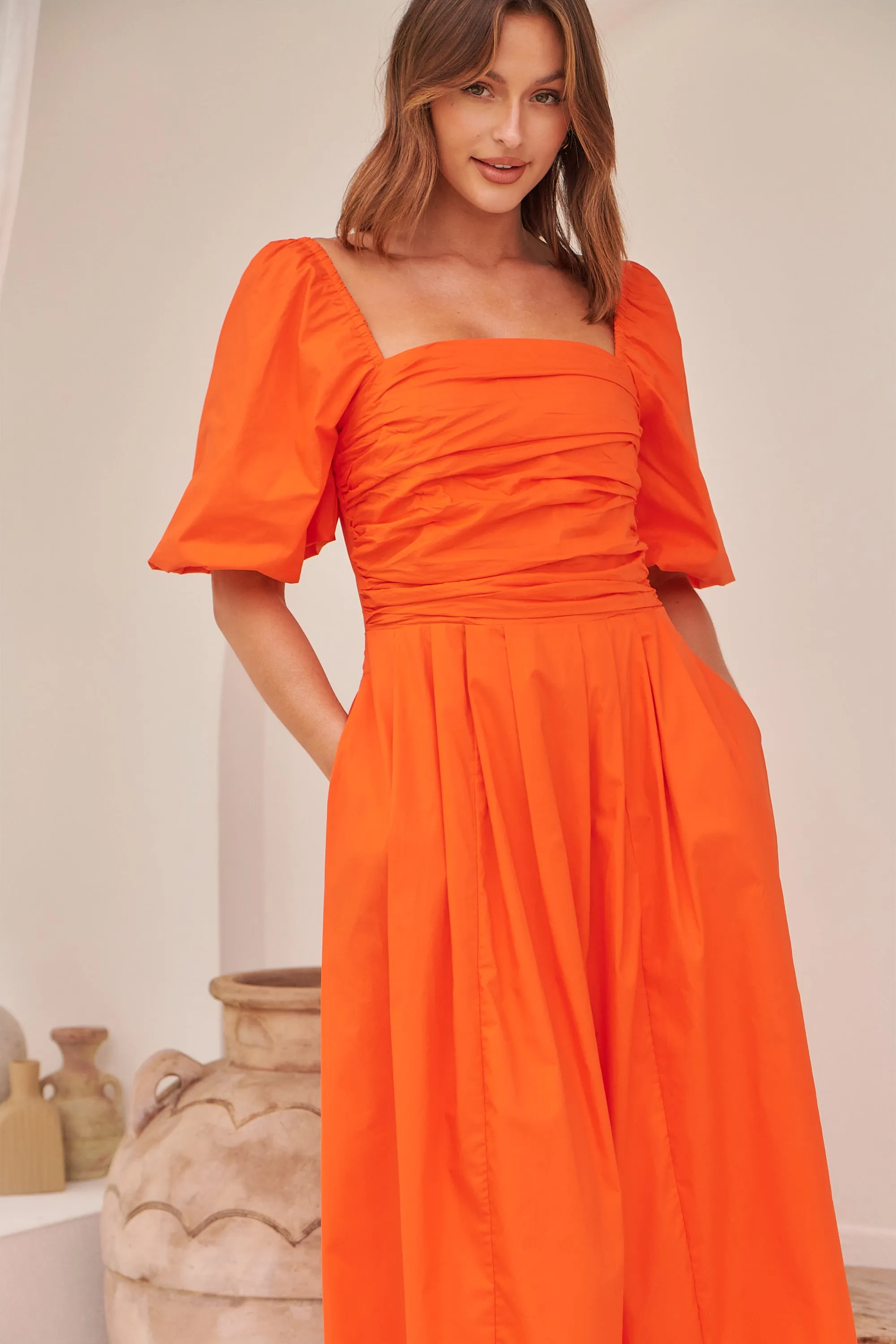 Whitney Orange Puff Sleeve Maxi Dress