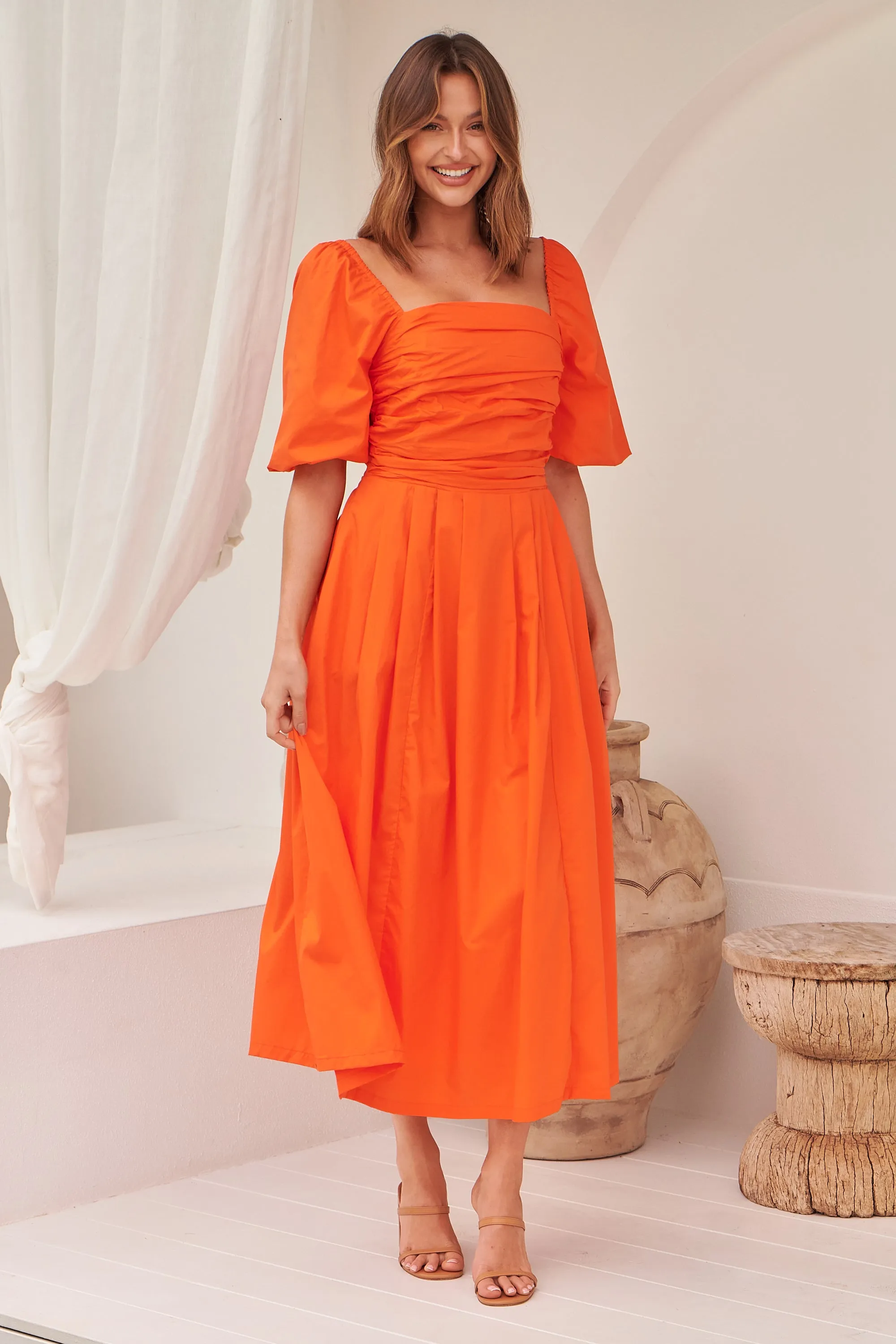 Whitney Orange Puff Sleeve Maxi Dress