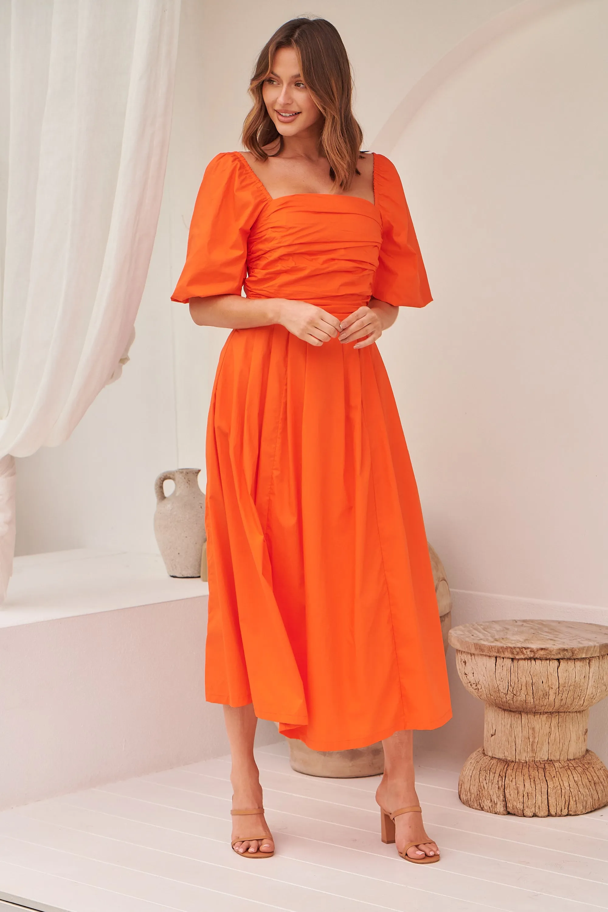 Whitney Orange Puff Sleeve Maxi Dress