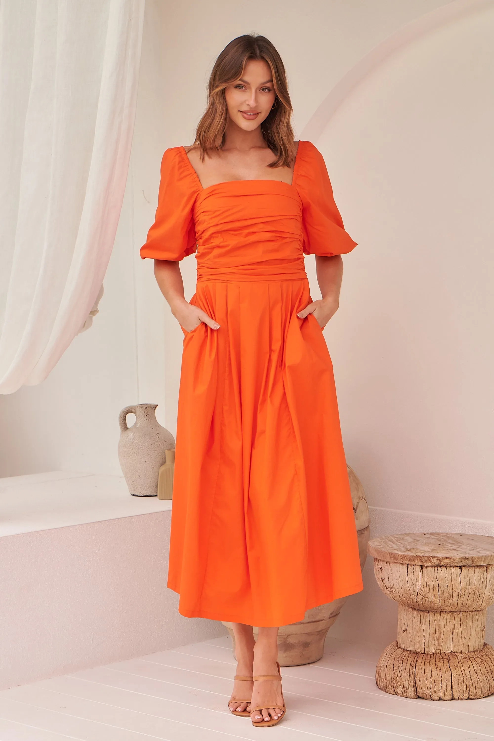 Whitney Orange Puff Sleeve Maxi Dress