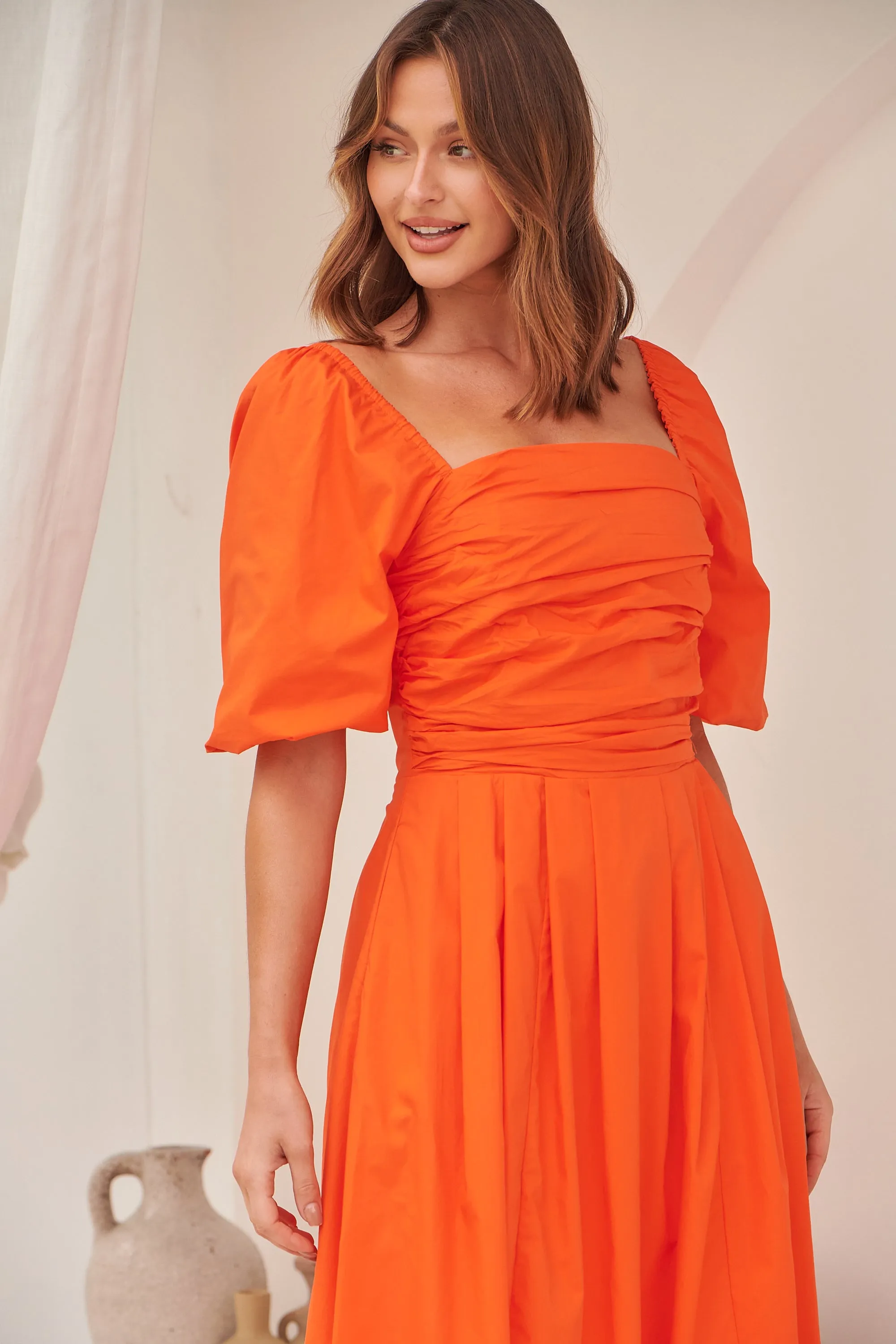 Whitney Orange Puff Sleeve Maxi Dress