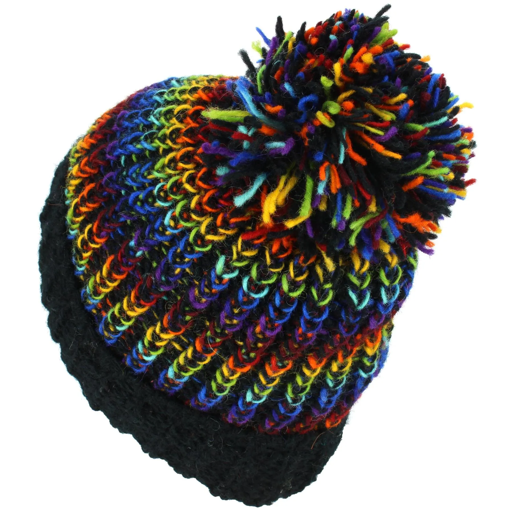 Wool Knit Beanie Bobble Hat - Black Rainbow