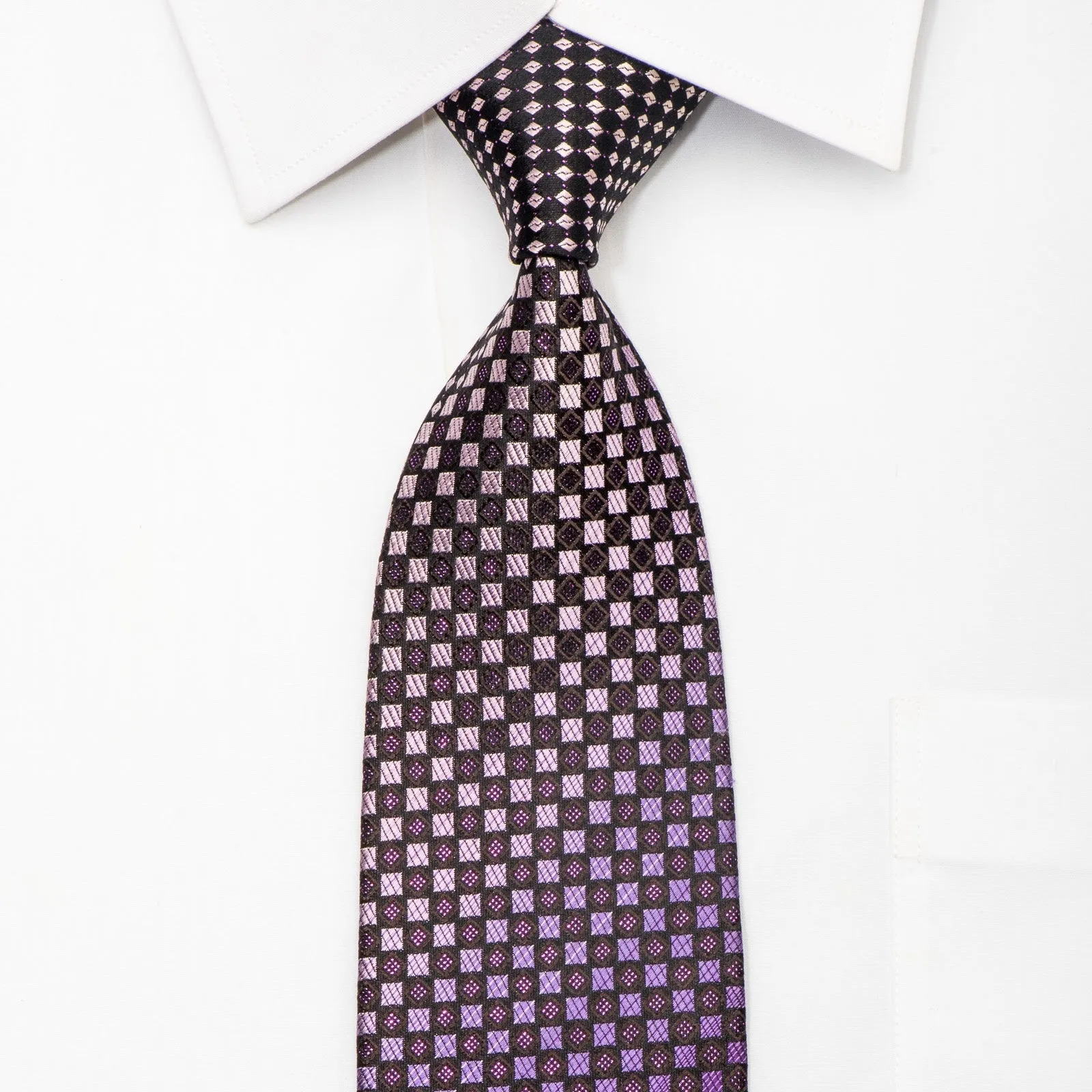 Yezak Mens Silk Necktie Checkered On Purple Sparkling With Rhinestones