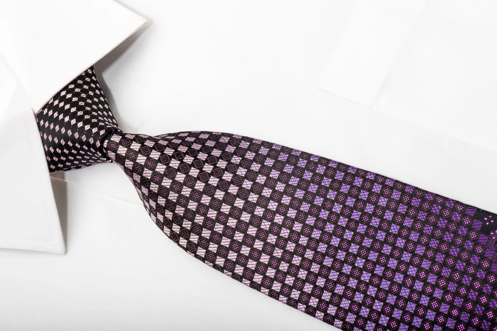 Yezak Mens Silk Necktie Checkered On Purple Sparkling With Rhinestones