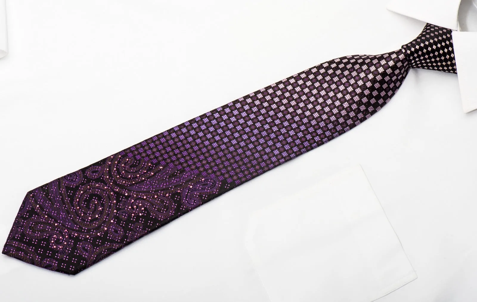 Yezak Mens Silk Necktie Checkered On Purple Sparkling With Rhinestones