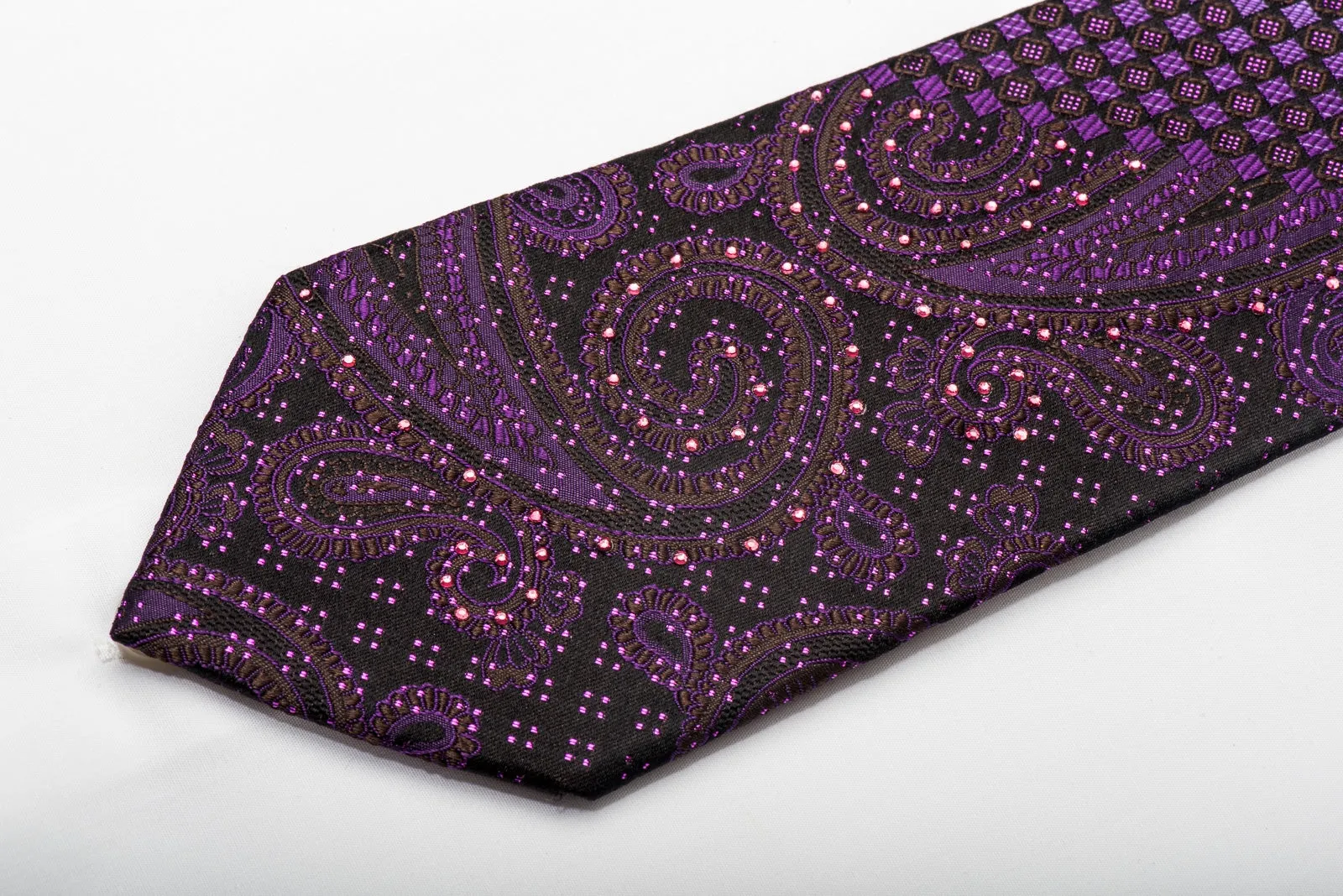 Yezak Mens Silk Necktie Checkered On Purple Sparkling With Rhinestones