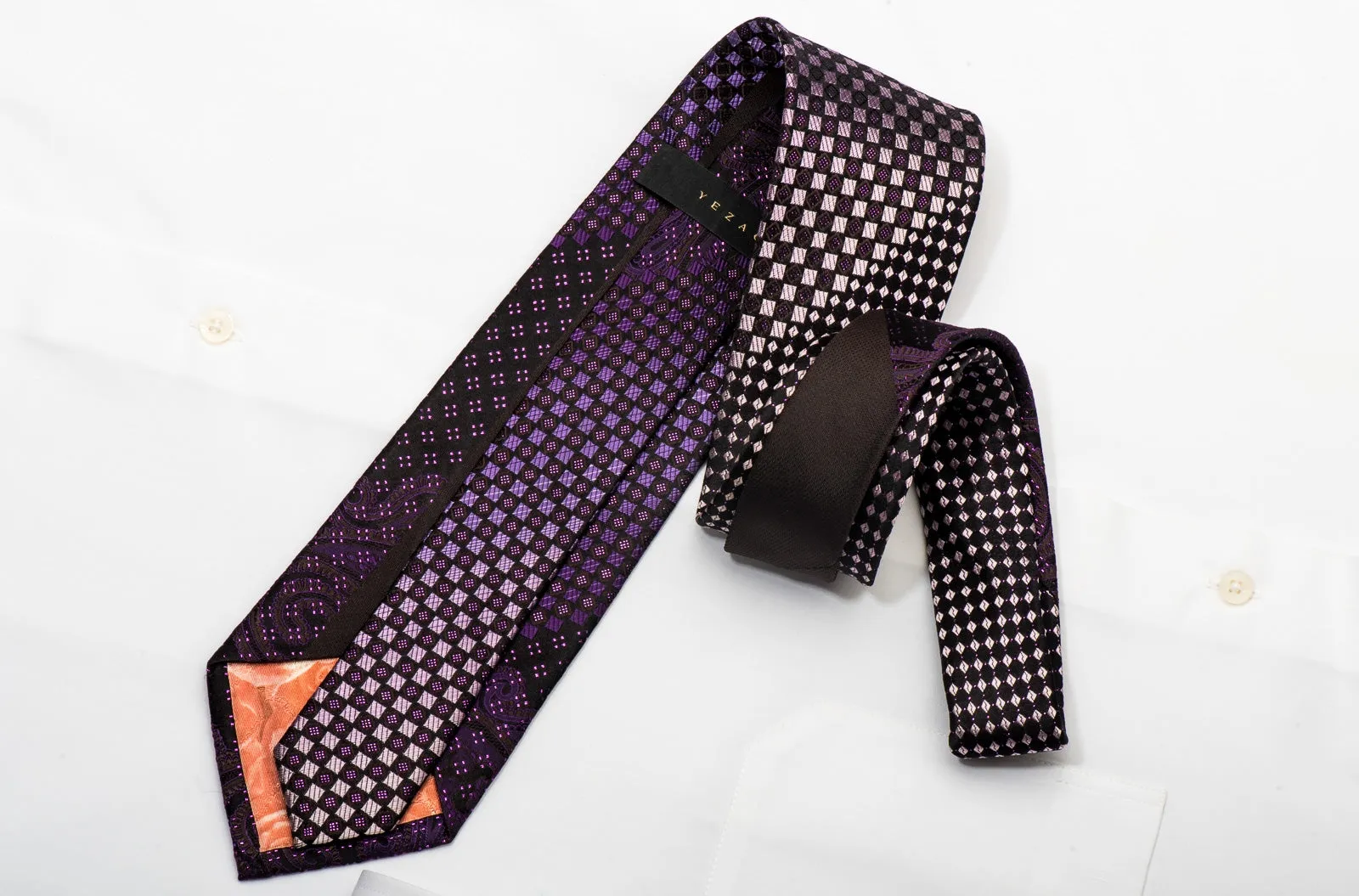 Yezak Mens Silk Necktie Checkered On Purple Sparkling With Rhinestones